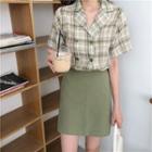 Plaid Short-sleeve Double-breasted Shirt / A-line Skirt