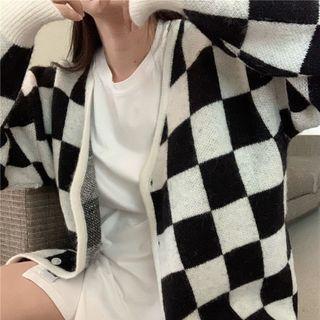 Long-sleeve Plaid Cardigan Black & White - One Size