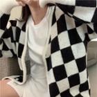 Long-sleeve Plaid Cardigan Black & White - One Size
