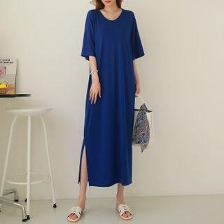 Elbow-sleeve U-neck Maxi Dress