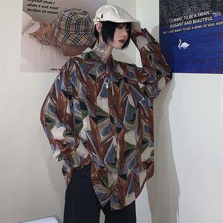 Geometric Patterned Button-down Long-sleeve Shirt As Shown In Figure - One Size