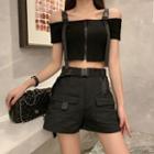 Halter Zip Placket Cropped Top / Short-sleeve Lace-up T-shirt / Cold Shoulder Buckled T-shirt / Wide-leg Cargo Shorts