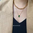 Rhinestone Chain Layered Necklace E272 - Green Rhinestone - Gold - One Size