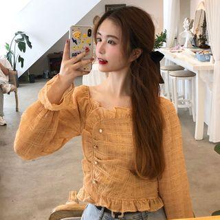Plain Pleated Ruffle Long-sleeve Blouse