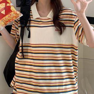 Oversize Short Sleeve Striped Polo Shirt