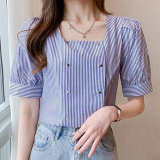 Short-sleeve Square-neck Double-breasted Striped Chiffon Blouse