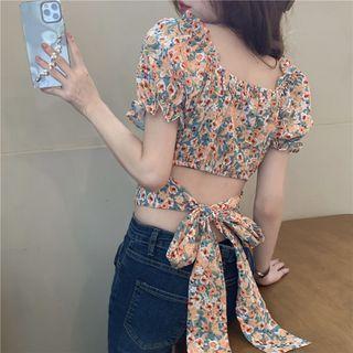 Short-sleeve Open-back Bow Accent Floral Shirt