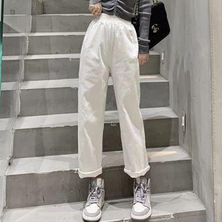 Long-sleeve V-neck Shirred Zip Top / High-waist Plain Straight Leg Pants