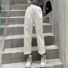 Long-sleeve V-neck Shirred Zip Top / High-waist Plain Straight Leg Pants