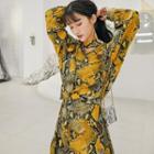 Printed Tie Waist Long-sleeve Midi Dress Snake Pattern - Gold - One Size