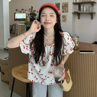 Puff-sleeve Cherry Print Blouse White - One Size