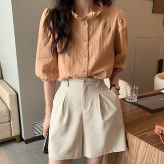 Set : Striped Puff-sleeve Shirt + Shorts