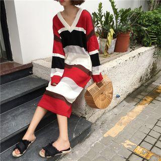 Color-block Striped V-neck Long-sleeve Knit Dress