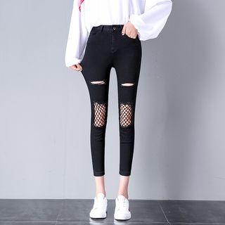 Cropped Fishnet Panel Ripped Skinny Jeans