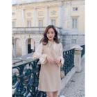 Set: Bell-sleeve Blouse + Plaid Mini Pinafore Dress