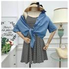 Set: Striped Spaghetti Strap Dress + Elbow-sleeve Denim Shirt