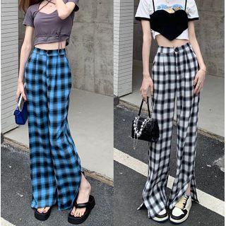 Check High-waist Straight Leg Pants