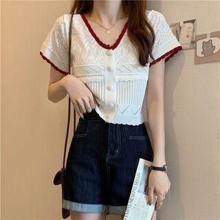 Short-sleeve Contrast Trim V-neck Cutout Cardigan