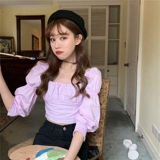 Square-neck Puff-sleeve Cropped Blouse Light Purple - One Size