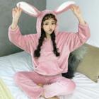 Set: Ear Accent Hooded Top + Pants Pink - One Size