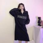 Long-sleeve Contrast Trim Lettering Pullover Dress As Shown In Figure - One Size