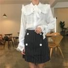 Lace Cuff Long-sleeve Blouse / Double-breasted Striped A-line Skirt