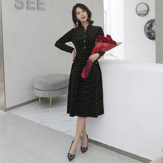 Long-sleeve Buttoned Midi A-line Velvet Dress