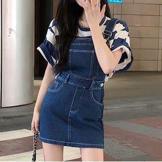 Denim Mini Sheath Overall Dress / Elbow-sleeve Striped T-shirt