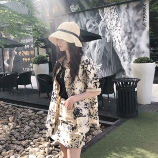 Set: Short-sleeve Printed Shirt + Mini Skirt Beige - One Size
