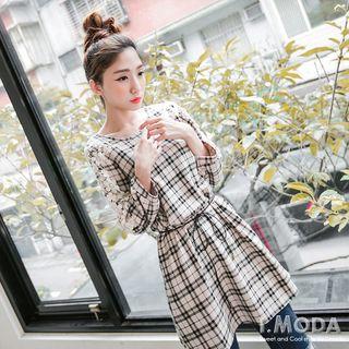 3/4 Sleeve Lace Panel Plaid Dress