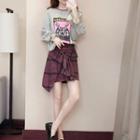 Printed Pullover / Mini Plaid Asymmetric Skirt