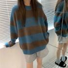 Long-sleeve Striped Knit Sweater Stripe - Blue & Coffee - One Size