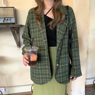 Plaid Blazer / Slit Midi Skirt