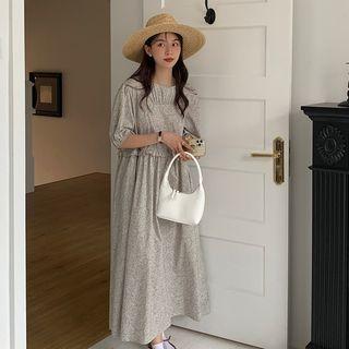 Short-sleeve Floral Midi Dress Floral - Yellow & Gray - One Size