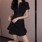 Plain Short-sleeve Half Zip A-line Dress