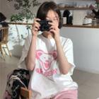 Printed Oversize Elbow-sleeve T-shirt White - One Size