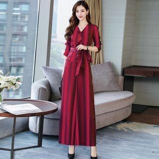 Set: Long-sleeve Tie-waist Striped Top + Wide-leg Pants