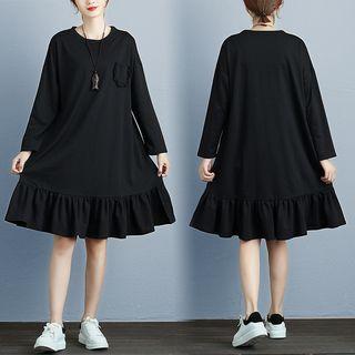 Long-sleeve Plain Ruffled Dress
