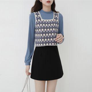 Set: Long-sleeve Mock-neck T-shirt + Diamond Print Knit Tank Top Set Of 2 - As Shown In Figure - One Size
