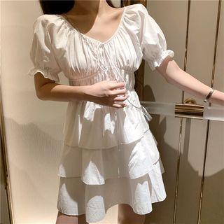 Off-shoulder Shirred A-line Layered Dress
