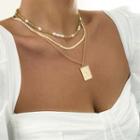 Set Of 3: Faux Pearl Necklace + Snake Chain Necklace + Initial Necklace Set Of 3 - 2763 - Gold - One Size