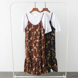 Set : Short-sleeve T-shirt + Print Spaghetti Strap Dress
