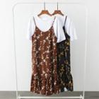 Set : Short-sleeve T-shirt + Print Spaghetti Strap Dress
