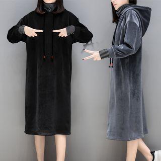 Mock Two-piece Turtleneck Midi Velvet Hoodie Dress