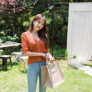 Short-sleeve Tie-back Ribbed Cardigan
