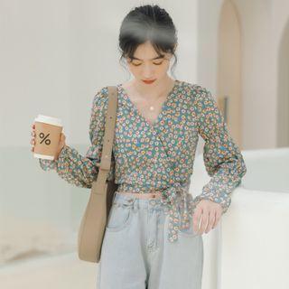 Long-sleeve Floral Tie-strap Cropped Blouse