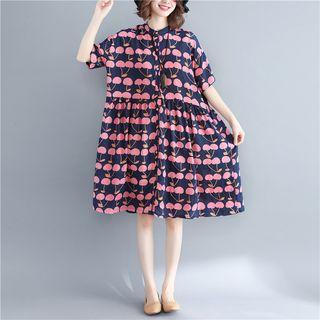Cherry Print Short-sleeve A-line Shirtdress
