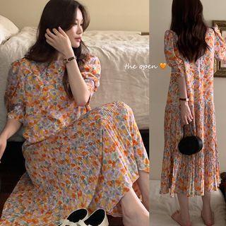Elbow-sleeve Floral Print Midi Smock Dress