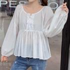 Long-sleeve Lace-up Frill Trim Chiffon Top White - One Size