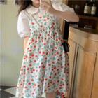 Puff-sleeve Plain Shirt / Spaghetti Strap Flower Print Loose-fit Dress